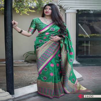 Green woven banarasi silk saree with blouse 1