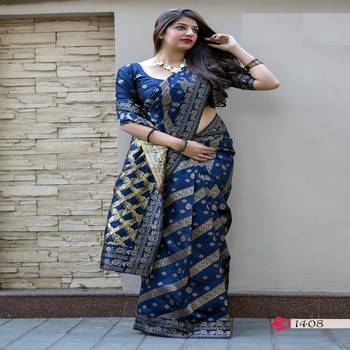 Blue woven banarasi silk saree with blouse 1