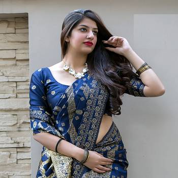 Blue woven banarasi silk saree with blouse 2