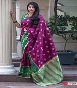 Rani pink woven banarasi silk saree with blouse