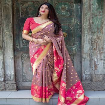 Rani pink woven silk blend saree with blouse 1