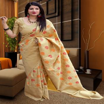 Beige woven silk blend saree with blouse 1