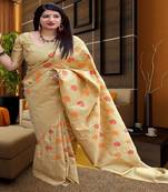 Beige woven silk blend saree with blouse