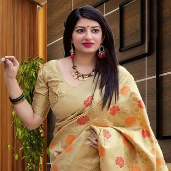 Beige woven silk blend saree with blouse 2