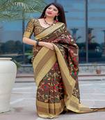 Brown woven silk blend saree with blouse