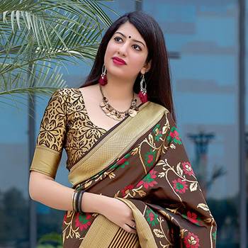 Brown woven silk blend saree with blouse 2