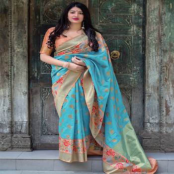 Sky blue woven silk blend saree with blouse 1