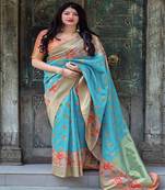 Sky blue woven silk blend saree with blouse
