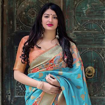 Sky blue woven silk blend saree with blouse 2