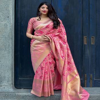 Pink woven silk blend saree with blouse 1