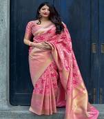 Pink woven silk blend saree with blouse