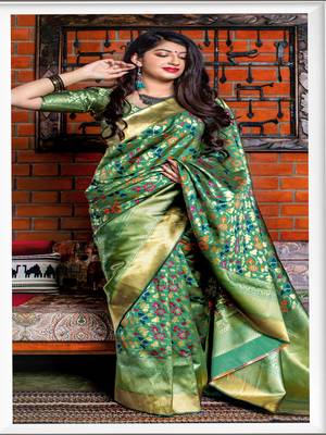 Green woven banarasi silk saree with blouse 2