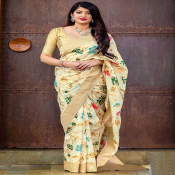 Beige woven banarasi silk saree with blouse 1