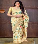 Beige woven banarasi silk saree with blouse