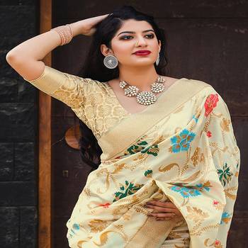 Beige woven banarasi silk saree with blouse 2