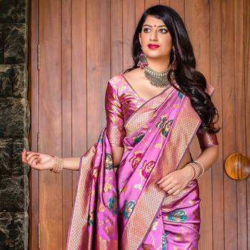 Rani pink woven banarasi silk saree with blouse 2