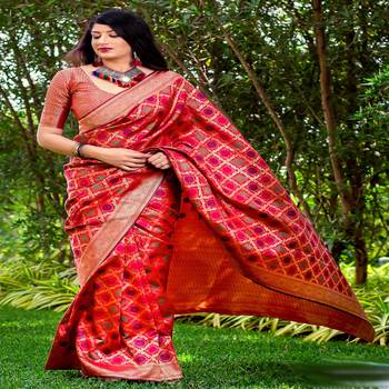 Red woven banarasi silk saree with blouse 1