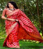 Red woven banarasi silk saree with blouse
