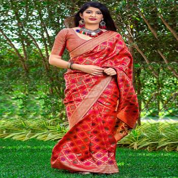 Red woven banarasi silk saree with blouse 2