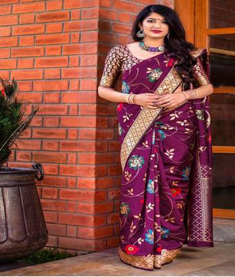 Wine woven banarasi silk saree with blouse 1
