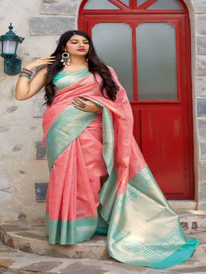 Rani pink woven banarasi silk saree with blouse 2