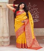 Yellow woven banarasi silk saree with blouse