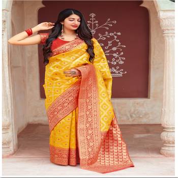 Yellow woven banarasi silk saree with blouse 2