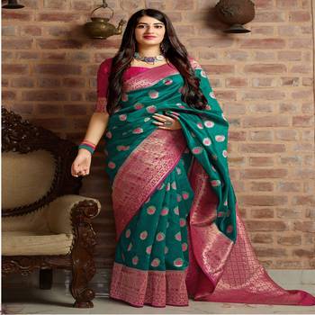 Green woven banarasi silk saree with blouse 1
