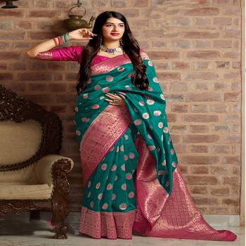 Green woven banarasi silk saree with blouse 2