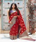 Red woven banarasi silk saree with blouse