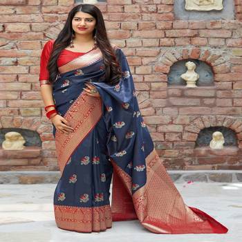 Dark blue woven banarasi silk saree with blouse 1