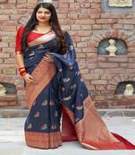 Dark blue woven banarasi silk saree with blouse