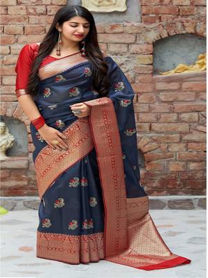 Dark blue woven banarasi silk saree with blouse 2
