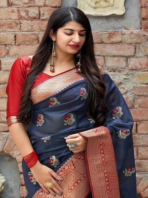 Dark blue woven banarasi silk saree with blouse 3