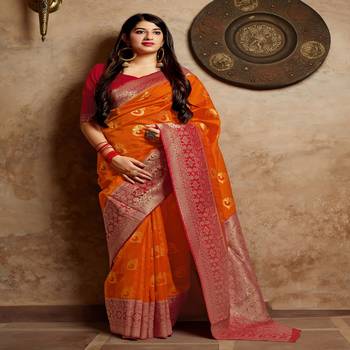 Orange woven banarasi silk saree with blouse 1