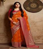 Orange woven banarasi silk saree with blouse