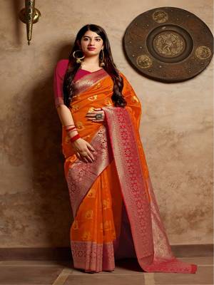Orange woven banarasi silk saree with blouse 2