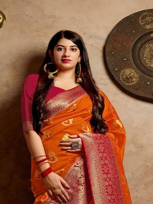 Orange woven banarasi silk saree with blouse 3