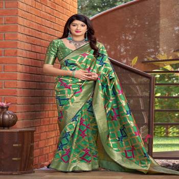 Green woven banarasi silk saree with blouse 1