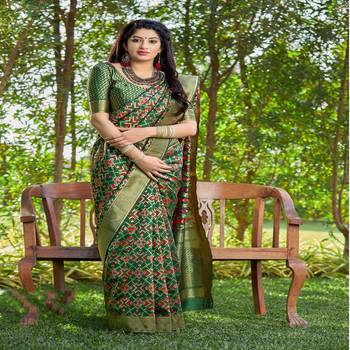 Green woven banarasi silk saree with blouse 1
