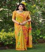 Yellow woven banarasi silk saree with blouse