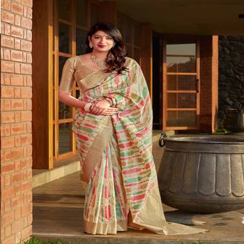 Cream woven banarasi silk saree with blouse 1