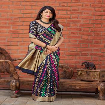 Dark blue woven banarasi silk saree with blouse 1