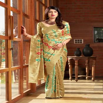 Beige woven banarasi silk saree with blouse 1
