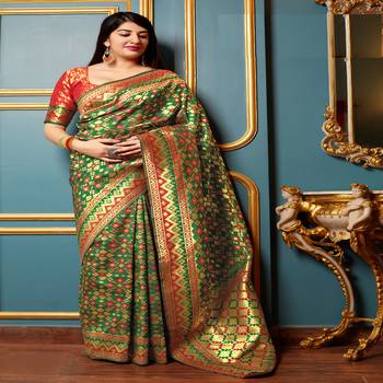 Green woven banarasi silk saree with blouse 1