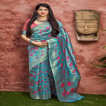Sky blue woven banarasi silk saree with blouse 1