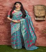 Sky blue woven banarasi silk saree with blouse