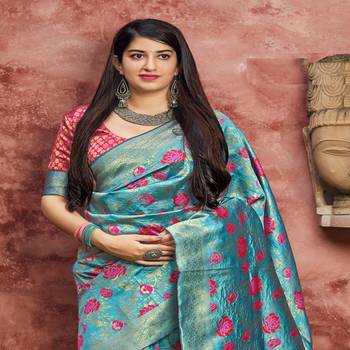 Sky blue woven banarasi silk saree with blouse 2