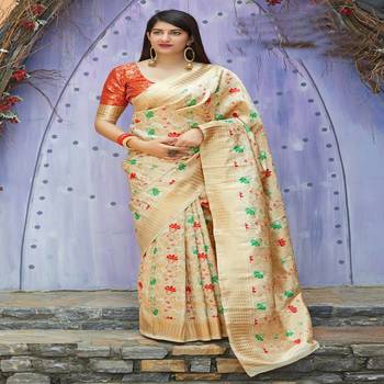 Beige woven banarasi silk saree with blouse 1