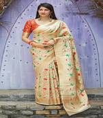 Beige woven banarasi silk saree with blouse